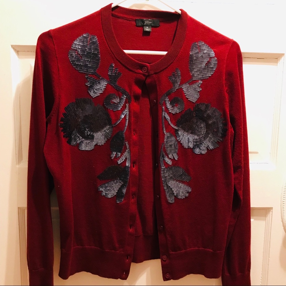 J. Crew Burgundy Cardigan with Metallic Sequin Floral Detail - Picture 5 of 7